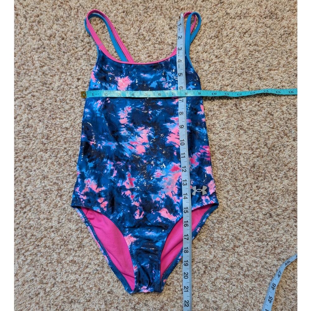 UNDER ARMOUR girls ONE PIECE swim suit, size 7; criss-cross back; Blue & Pink - Picture 6 of 7
